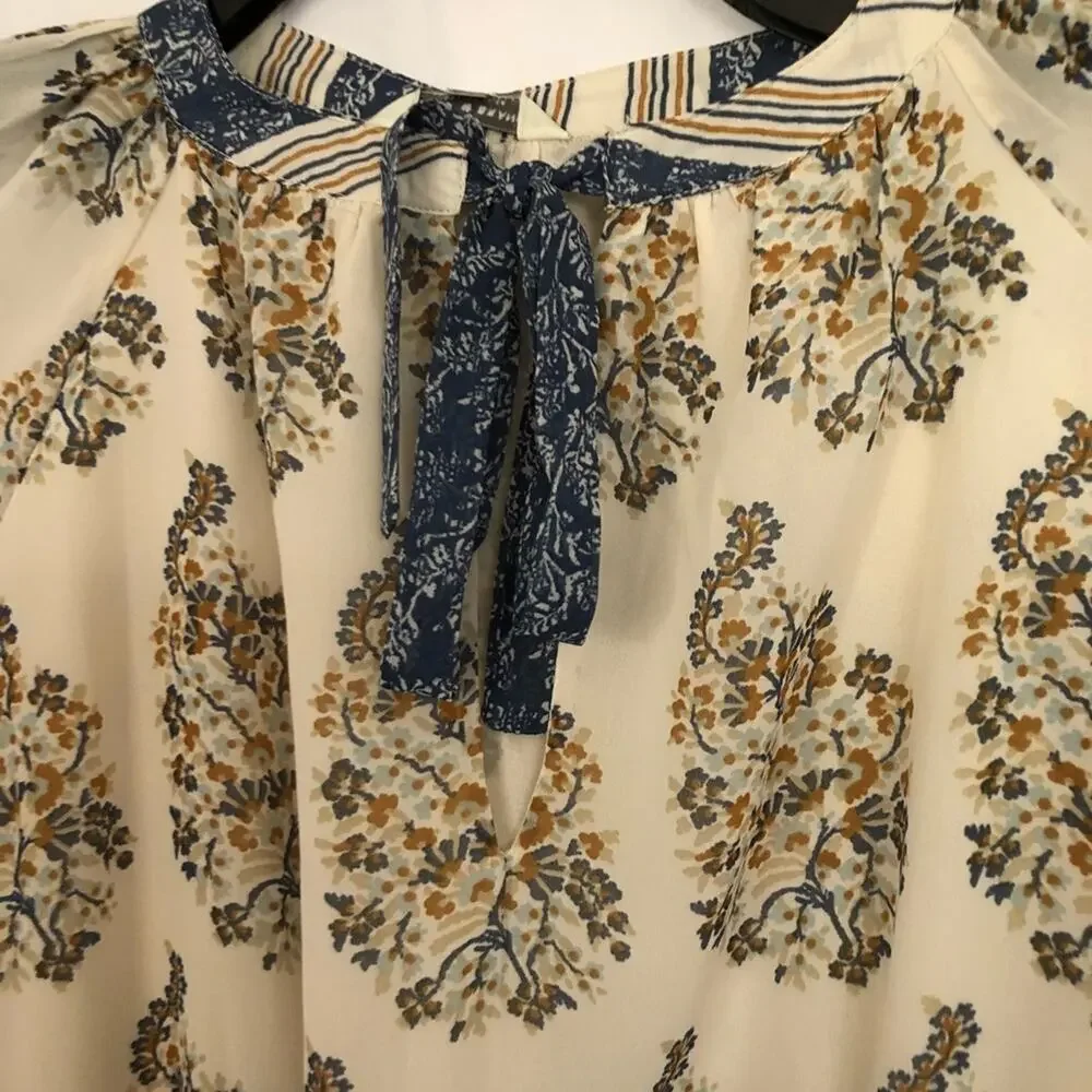 Lucky Brand Georgette Mixed Print Peasant Long Sleeve Dress Ivory Blue Small NEW - Picture 4 of 8